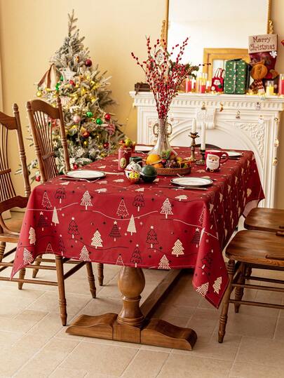 Toalha de mesa vermelha de Natal, toalha de mesa retangular, estampa de árvore de Natal, lavável, adequada para mesa de cabeceira, mesa de centro, aparador, decoração de casa, decoração de quarto, toalha de mesa para festa de fim de ano, adequada para cozinha, sala de jantar, jantar, reunião, festa, aniversário, feriado, decoração de evento temático de ano novo, decoração de Natal, decoração de outono