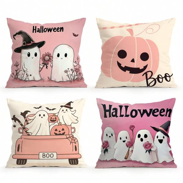4 Stücke rosa Halloween dekorative Muster Kissenbezüge, einseitig bedruckte Kissenbezüge, geeignet für Wohnzimmer, Schlafzimmer, Heimdekoration, ganzjährig