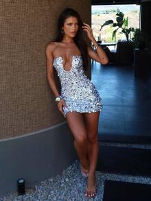 Women Sequin Strapless Dress Y2K Sparkly Off The Shoulder Tube Mini Dresses Bodycon Party Club Streetwear