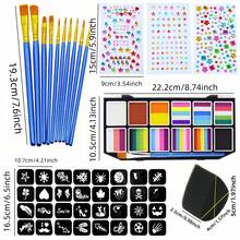 12-Compartment Removable Face & Body Paint Kit With 11 Brushes, 3 Adhesive Jewel Stickers, 4 Makeup Templates, 1 Makeup Sponge, Easy To Clean And Draw Any Pattern, Suitable For Stage Performance, Halloween, Rainbow Party, Makeup Party, Festival Celebration - Multicolor - View 3