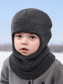 1pc Kids Boys 1-8Y Solid Color Knitted Balaclava Hat, Warm Soft Protective Cute Casual Dual Pom Pom Knit Beanie Suitable For Outdoor, Daily Use In Autumn/Winter - 1PC - View 4