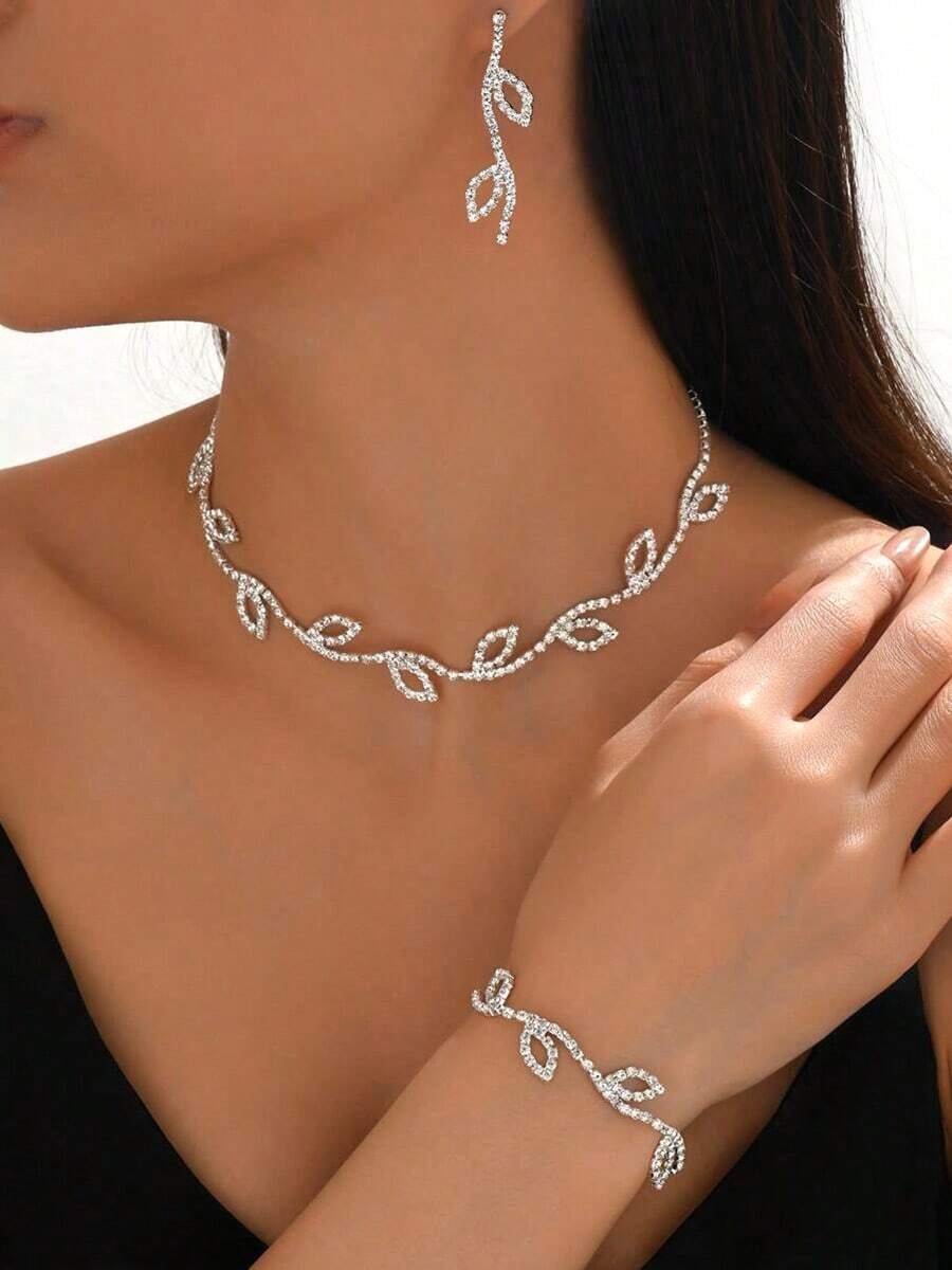 1 Set Elegant Leaf Design Rhinestone Necklace, Earrings, Bracelet 3 PiecesJewelry Set, Suitable For Women's Party And Daily Wear