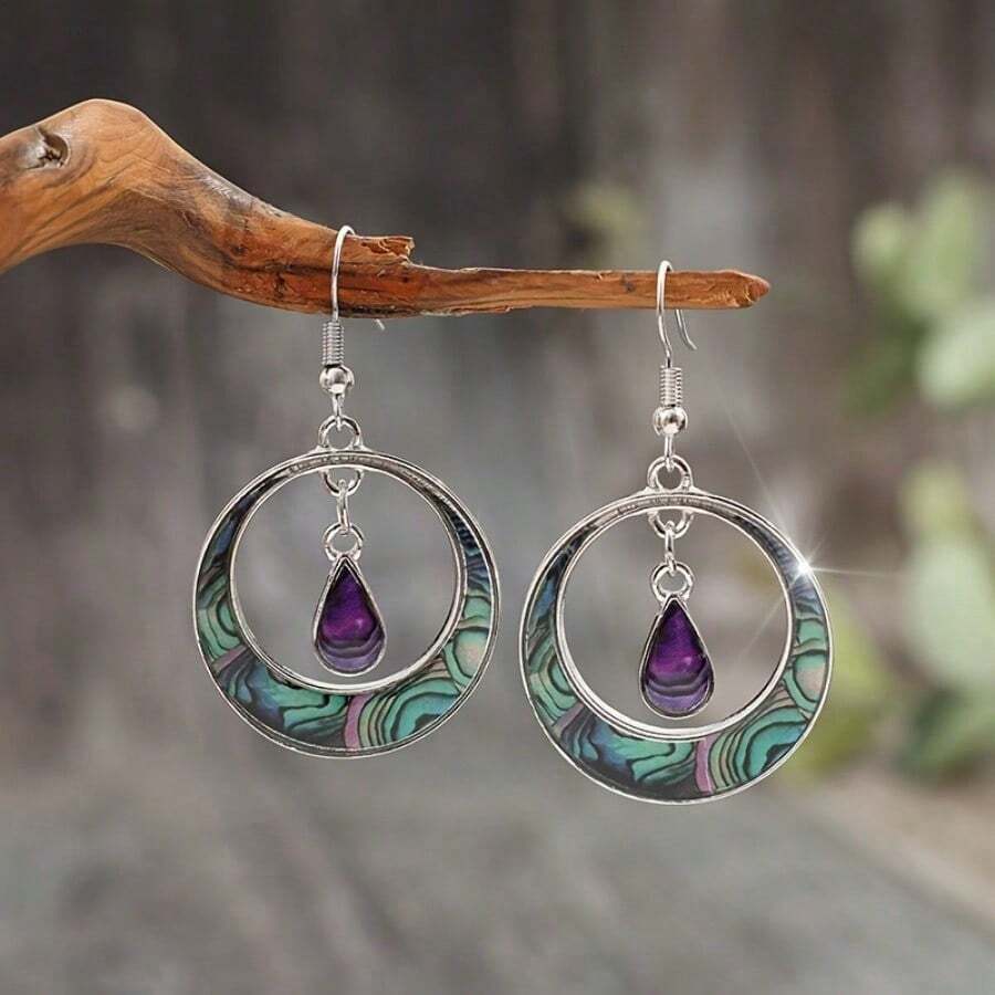 A Pair Of Retro Bohemian Style Round Hollow Colorful Pattern Dangling Water Drop Pendant Alloy Glue Earrings - 彩色 - 查看 1