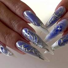 Press On Nails Long Stiletto Fake Nails Blue Glue On Nails 3d Texture Sliver Butterfly Design Y2k Acrylic Nails 24Pcs Goth False Nails White French Ombre Manicure Almond Stick On Nails - 多色19 - 查看 1
