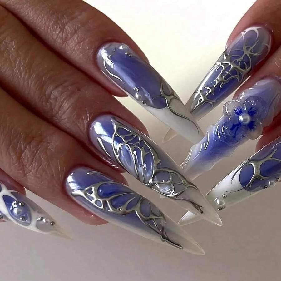 Press On Nails Long Stiletto Fake Nails Blue Glue On Nails 3d Texture Sliver Butterfly Design Y2k Acrylic Nails 24Pcs Goth False Nails White French Ombre Manicure Almond Stick On Nails - 多色19 - 查看 1
