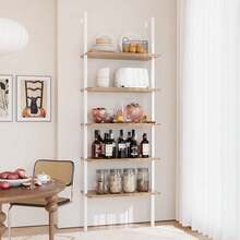 5-Tier Bookshelf, Wall Mount Ladder Shelf With Wood Board And Industrial Metal Frame, For Home Office, Living Room, Bedroom, Entryway And Hallway, (1, White/Oak) - 白色/橡木色 - 查看 7