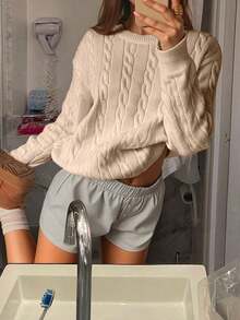 Áo len dài tay cổ tròn dệt xoắn tối giản màu trơn của FOR BEAUTY, áo len nữ thời trang vai rớt, thích hợp cho dịp năm mới và ngày Valentine. - Hoa Khaki - Xem 4