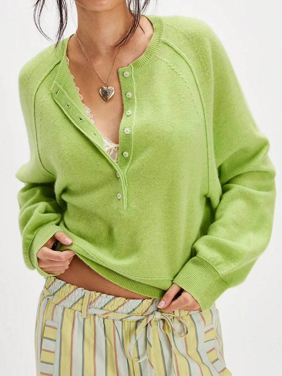 Women Y2k Knit Sweater Half Button Long Sleeve Round Neck Pullover Tops Knitted Blouse Top Loose Shirt Cropped Tops Going Out Tops Knitwear Fall Spring Streetwear - màu xanh lá - Xem 1