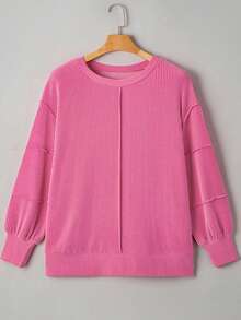 Womens Plus Size Pullover Tops Long Sleeve Round Neck Ribbed T-Shirts Spring Fall Sweatshirts - Rosa - Ver 5