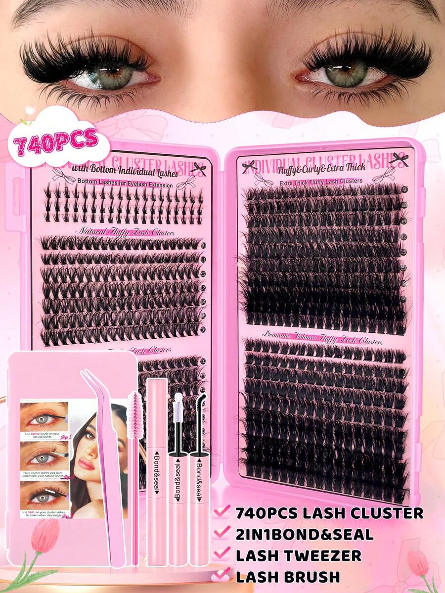 780/280PCS Fluffy D Curl Natural Look Individual Lash Clusters 5 Styles 9-16mm Extra Thick Lashes 40D+60D+80D+100D With Bottom Lash Clusters Natural Look&Ultra Soft&Super Light DIY Eyelash Extension Kit With Makeup Tools Bond And Seal&Lash Tweezers&Lash Brushes For Beginner Use At Home&Daily Life&Travel&Back To School Makeup Tools - màu đen - Xem 1
