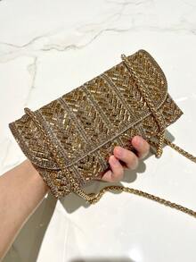 1pc Gold Glitter Luxury Rhinestone Decor Small Clutch Bag, Elegant Wedding Envelope Flap Square Wallet With Metal Chain Strap, Fashion Handbag For Formal Occasions, Party, Wedding, Suitable For Ladies - Gold - View 4