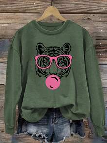 1pc Tween Girl Casual Printed Pullover Crew Neck Sweatshirt, Autumn/Winter Student Young Clothing Long Sleeve Thick Top , Eyeglasses Tiger Print - Green - View 7