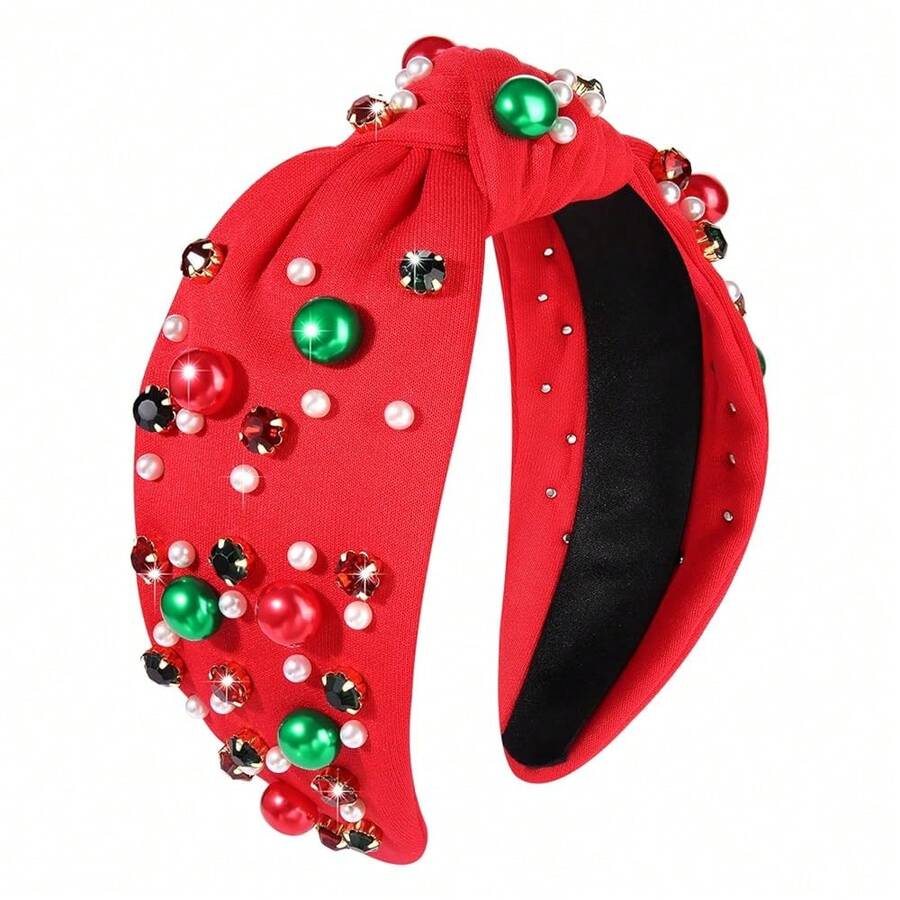 Christmas Red Knot Hairband - Pearl & Jewels Top Headband For Women, Fashion Elegant Ladies Wide Knot Head Band, Holiday Party Outfit Gifts - 聖誕紅結髮帶 - 查看 1