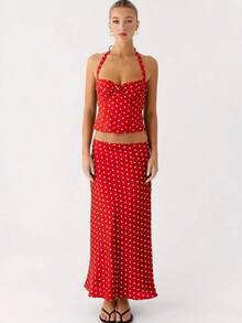 Women's Polka Dot Skirts Set Sleeveless Halter Neck Slim Fit Crop Top Bodycon Maxi Skirt Sets Summer Outfits - Đỏ - Xem 2