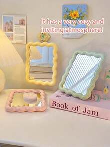 1pc Cute Makeup Mirror, Cream Wavy Design, Tabletop/Wall-Mounted, Suitable For Dorm, Vanity, Office, Makeup, Affordable, Room Decor, Vanity, Travel, Bedroom, Makeup Accessories, Mirror, Vanity Mirror, Mini Mirror, Compact Mirror, Small Mirror, Handheld Mirror, Inexpensive, Christmas Gift, Cosmetics, Makeup Tools, Cheap, Gift, Women's Gift, Christmas Gift - Multicolor - View 4