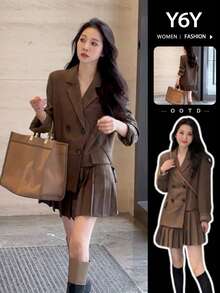 [Y6Y] 女士优雅休闲两件套，包含一件西装外套和一条百褶迷你裙，不对称下摆西装外套设计，时尚休闲装扮 - 咖啡棕 - 查看 3