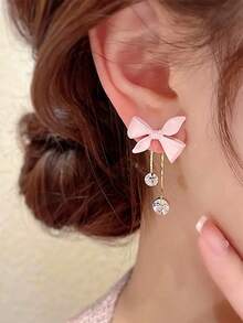 2pcs Fashionable Cute Bowknot Rhinestone Tassel Earrings, Suitable For Girls' Daily Wear