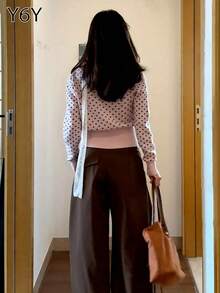 Y6Y Women's Pink Polka Dot Oblique Shoulder Knit Cardigan, 2025 New Early Autumn Vibe, Fitted Slim Flattering Asymmetrical Shoulder Long Sleeve Top - Pink - View 2