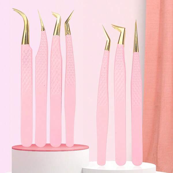 1pc Premium Women Eyelash Makeup Kit, Multi-Style Precision Light Pink Stainless Steel Tweezers - Pointed Slant Tip Design, Professional Lash Technician Essential, For Eyelash Extension Application, Eyebrow Grooming, Splinter Removal & Multi-Purpose Beauty Use