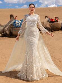 Faeriesty Valentine's Day Elegant Long-Sleeve Evening Gown With Intricate Beadwork & Geometric Sequin Patterns – Sheer Puffed Sleeves, Layered Tulle Dress For Red-Carpet & Wedding Elegance Birthday Outfit,Ramadan Clothes - Champagne - View 6