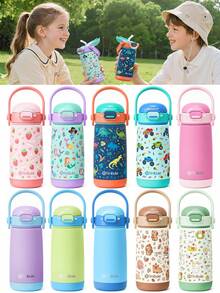 1PCS Kids Insulated Water Bottle With Straw Lid & Handle - 14oz 18/8 Stainless Steel Metal Tumbler Leak Proof Double Wall Vacuum Kids Cup Water Bottle For School Boys Girls - 藍色 - 查看 2