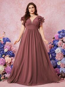 深V领露背荷叶边袖腰部褶饰伴娘礼服 - 紅木色 - 查看 1