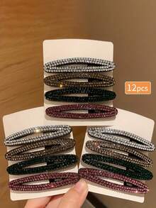 12个装女士椭圆形镂空水钻发夹，时尚优雅发饰爪夹发卡，适合上学、派对等场合