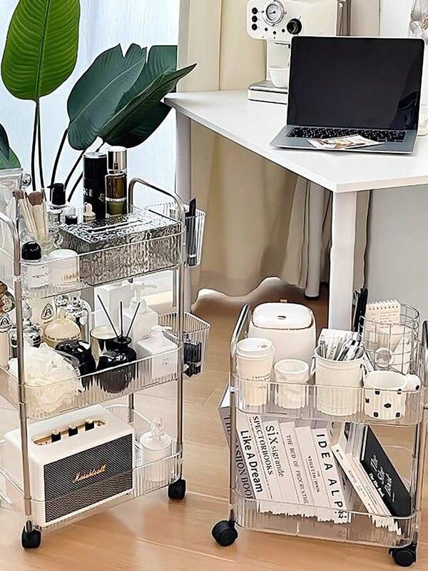 عربة متعددة الأغراض ذات 2/3/4 طبقات، عربة تخزين شفافة متعددة الوظائف مع مقبض وعجلات، رف منظم متحرك للمكتب والحمام والمطبخ وغرفة المعيشة، عربة مرافق شفافة لتنظيم المنزل