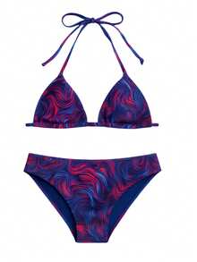 Printed Youth Bikini Set With Tie-Dye Triangle Top, Removable Pads, And Lined Panties For Summer - 紫色 - 查看 6