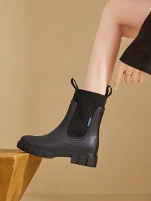 Women's Solid Color Waterproof Rain Boots, Fashionable Round Toe Boots For Wearing Outdoors, Non-Slip Rain Boots For Women And Girls - Black - View 5