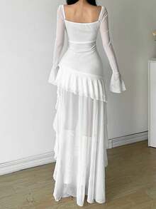 Premium Vibrant Solid Color Fitted High Waist Fashionable Square Neck Long Sleeve Mesh Dress, Asymmetric Hem, Suitable For Party And Casual Occasions - White - View 2