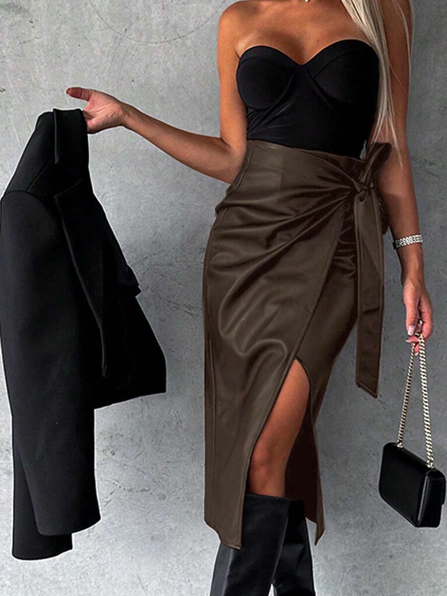 Váy ôm sát cơ thể mini phong cách Punk cạp cao xẻ tà gợi cảm màu trơn cho nữ - Cà phê nâu - Xem 1