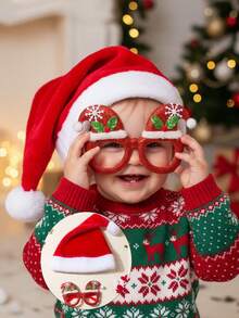 Children's Christmas Hat + Christmas Glasses Set For 1-5 Years Old, Baby Christmas Decoration Christmas Gift, Kid Xmas Gift,Boys And Girls Universal, Girl Fall Dress Red Accessories - Multicolor - View 2
