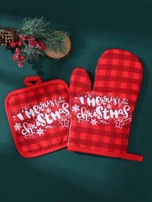2pcs Christmas Oven Mitts And Pads Set, Merry Christmas Red Plaid Mitts, Christmas Party Supplies, Perfect For Christmas Home Cooking, Baking, Grilling, Roasting And Microwave Use, Kitchen Accessories, Christmas Decoration, Home Christmas Decor, Christmas Gift, Winter Decoration, Christmas Party Gift - Multicolor - View 10