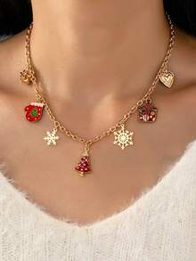 1 Pc Enameled Christmas Tree Snowflake Christmas Charm Necklace, Winter Snowflake Pendant, Holiday Festive Jewelry Gift For Women&Girls