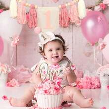 Pink Handmade 1st Birthday High Chair Banner With Wild One Cake Topper 1st Birthday Cone Hat Happy Birthday Party Decorations For Baby Girls Photoshoot Props Photo Props