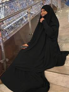 Women's Elegant 2 Pieces Set: Black Abaya Robe + Skirt, Quick Ship - Black - View 3