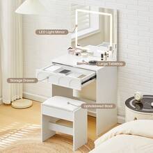 CLIPOP Dressing Table With LED Lights Mirror, Adjustable Brightness, Vanity Desk Set With Stool, Modern White Bedroom Makeup Table With Storage Drawer For Women - White - View 4