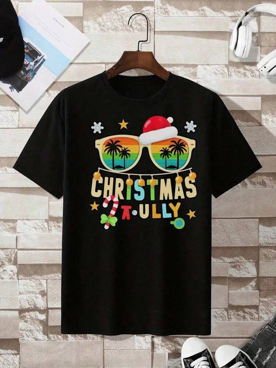 [Free Shipping]Men's & Women's Tropical Christmas T-Shirt - Black Hawaiian Surf & Palm Tree Print With Fashion Glasses & Flip-Flops Design, Breathable 100% Short Sleeve Round Neck Casual Summer Beachwear,Nightmare Before Christmas,Christmas,Halloween Costumes,Funny T Shirts,Summer Outfits,Thanksgiving Day,Men Graphic Tees,Streetwear Men,Freedom Shirt,Halloween Costumes For Men,Christmas,Funny Shirt,Graphic Tee,Vintage,Street Fashion, Sporty Casual, All Season, Y2K Clothing, Christmas, Gift For Boyfriend,Printed & Shipped In USA - 黑色 - 查看 1