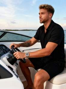 Summer Men's Casual Solid Color Shirt Short Sleeved Beach Pants Set 2-Piece Set - Black - View 2