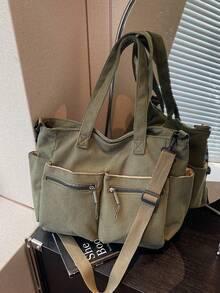 Fashionable Casual New Women's One Shoulder Tote Bag, Multi-Compartment Storage Bag, Simple Solid Color Corduroy, Multi-Pocket, Versatile, Suitable For Travel, Shopping, Sports, Commuting, Elegant Handbag