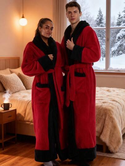 1 set Accappatoio lungo in morbido pile ultra caldo con bordi neri a contrasto - Abbigliamento da camera da letto morbido e soffice per il relax, il comfort dopo la doccia, le fredde notti invernali, il caffè del mattino e il pigiama oversize per la casa