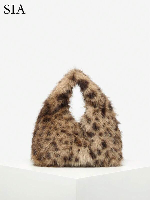 1pc Women's Leopard & Deer Y2K Retro Faux Fur Oversized Shoulder/Crossbody Bag, Thick & Spacious, Suitable For Vacation, Outings, Autumn/Winter