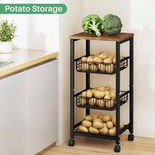 Fruit Basket Vegetable Stand Kitchen Pantry, Pull Out Metal Wire Basket With Wood Top Fruit Vegetable Onions Potatoes Snacks - 11.8"D X 15.7"W X 33.7"H - View 5