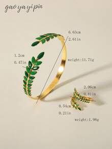 2 件奢华不锈钢 18k 镀金绿色珐琅叶和花手镯和戒指首饰套装，适合女性日常佩戴或送礼的优雅配饰 - 綠色 - 查看 5