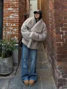 Eleganter Damen Kunstpelzmantel, Kragen mit Revers, Langarm, strukturiert