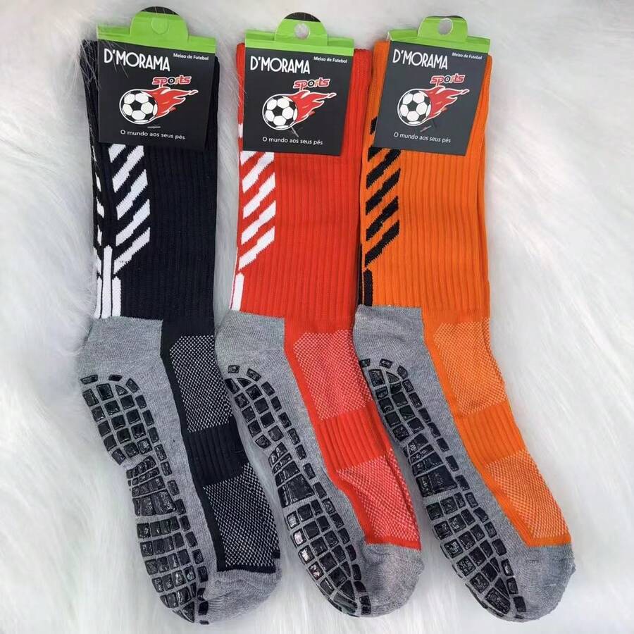 Kit 3 pares Meias Futebol Algodão Antiderrapantes De Alta Qualidade Cano Alto 40 a 46 - preto laranja vermelho - Visão 1