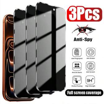 3Pcs Set Of Anti Spy And Anti Peeping Privacy Tempered Glass Phone Screen Protector Compatible With Apple Devices Anti Peeping Anti Scratch Anti Collision Oil Repellent Layer Surface Smooth Feel Compatible With IPhone X/XR/11/12/13/14/15/16 Plus/16Pro/16 Pro Max/16e/17 Air/17 Pro/17 Pro Max Full Series