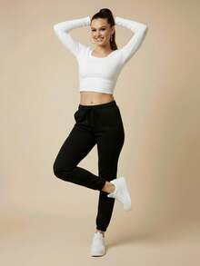 Women's Plush Jogger Sweatpants With Drawstring And Pocket | Winter Pants, Cold Weather Clothing, Comfortable, Warm, Casual, Thermal - màu đen - Xem 3