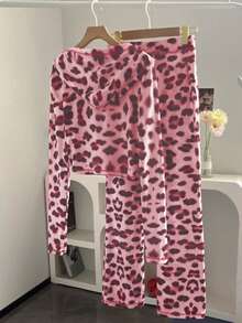 2 pièces Top à capuche zippé imprimé léopard et pantalon imprimé guépard pour femmes, tenue décontractée pour l'automne et l'hiver